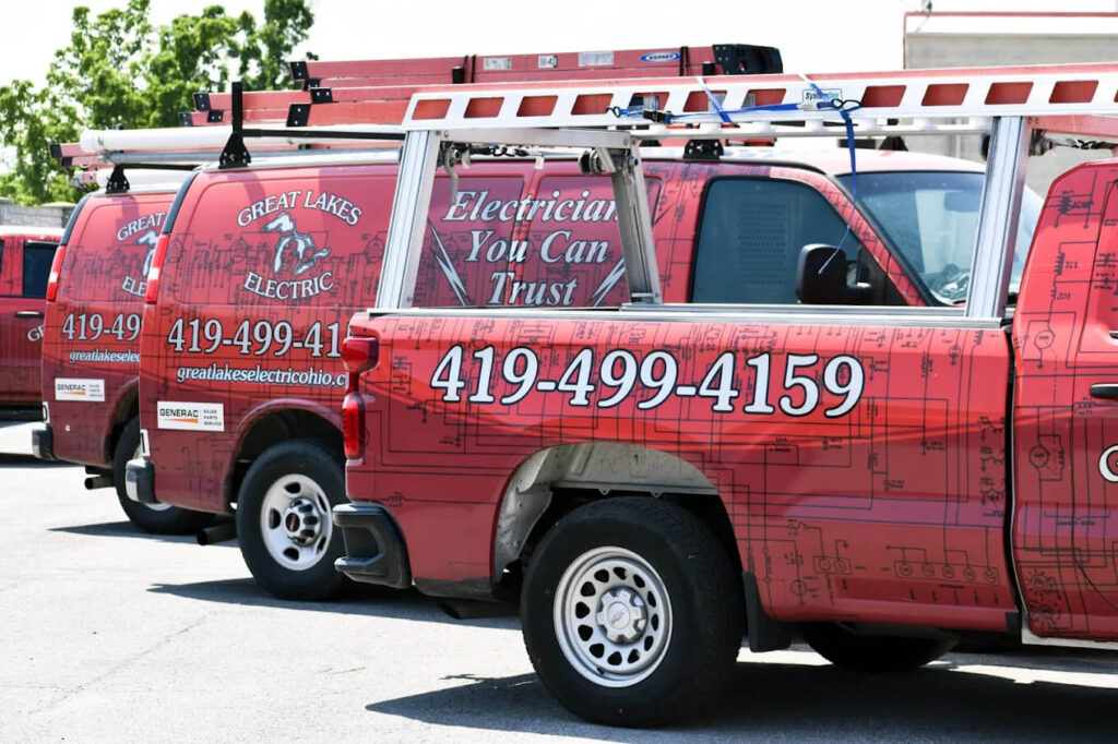 Branded Great Lakes Electric service trucks and vans ready to serve homes and businesses in Northern Ohio. The company is a trusted partner of ENS Electric.