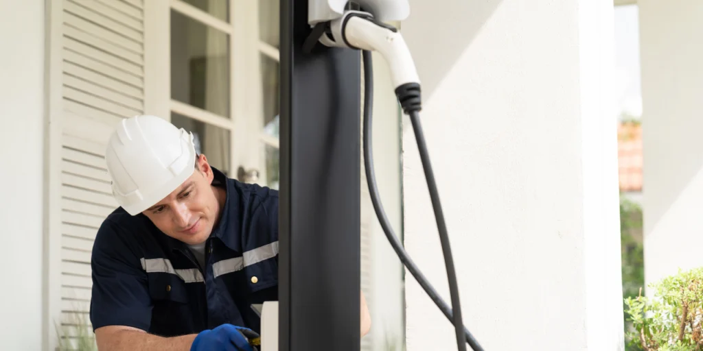 A technician in a white hard hat services a wall-mounted EV charger outside a home in West Michigan, the maintenance and repair side of EV charging work.
