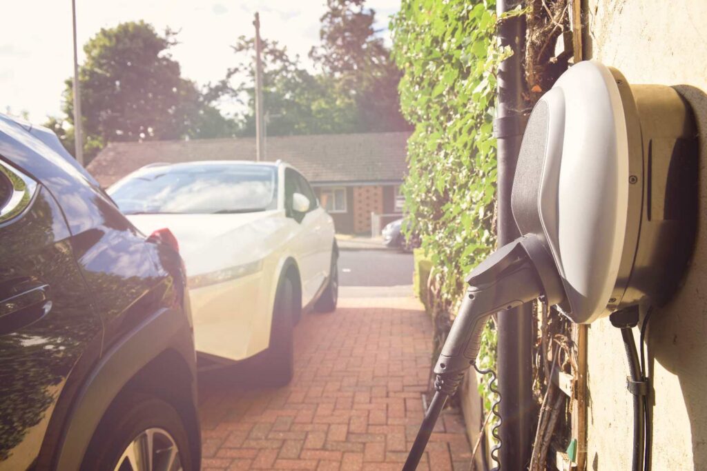 An outdoor EV charger mounted on a stone column beside a brick driveway, an example of outdoor charger mounting rated for Michigan winters.