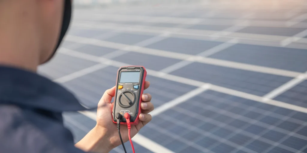 An ENS technician takes a multimeter reading at a solar panel during a service check, the maintenance that keeps a commercial array producing energy.