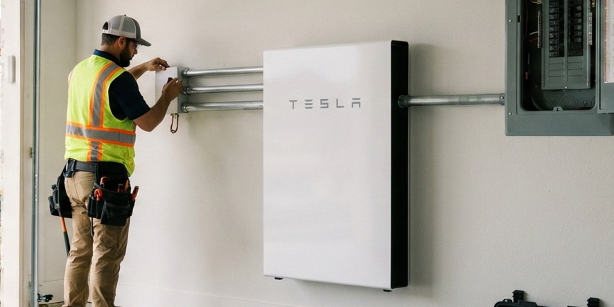 An ENS electrician in a hard hat and safety vest wires a Tesla Powerwall on a garage wall beside the main panel during a battery backup install.